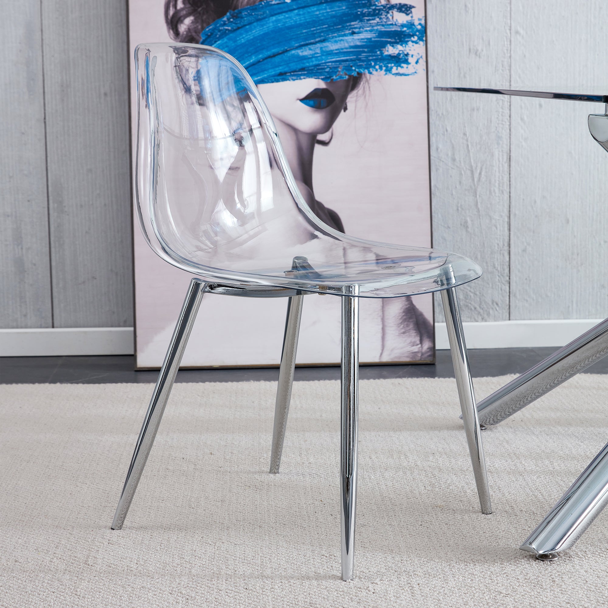 Modern simple transparent dining chair plastic chair armless crystal chair Nordic creative makeup stool negotiation chair Set of 4 and plating metal legW115164140,TW-1200 - Grand Goldman Shop