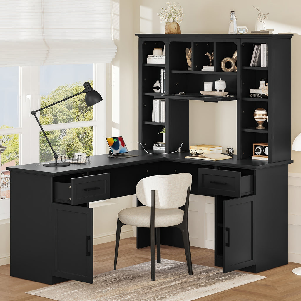 L-shaped computer desk with 2 cabinets and 2 drawers underneath the table, 11 open shelves and a flip-up shelf with storage o