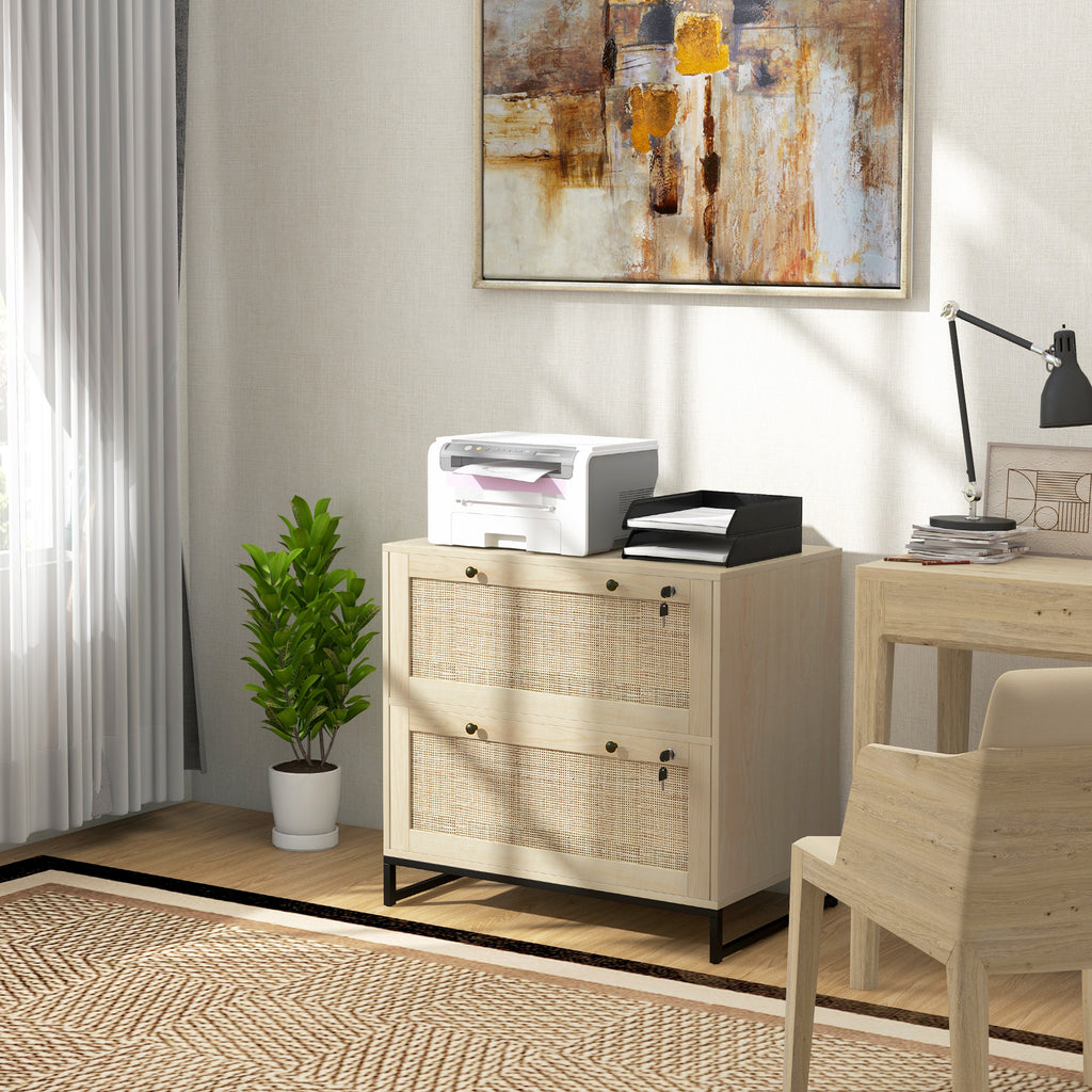 Vinsetto 2 Drawer File Cabinet with Lock, Vertical Filing Cabinet with Keys, Rattan Drawers and Adjustable Hanging Bar for Le