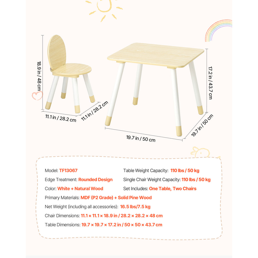 Kids Table and 2 Chairs Set, Toddler Table and Chair Set with Rounded Edge Design & Graffiti Desktop, Wooden Desk for Art, Cr