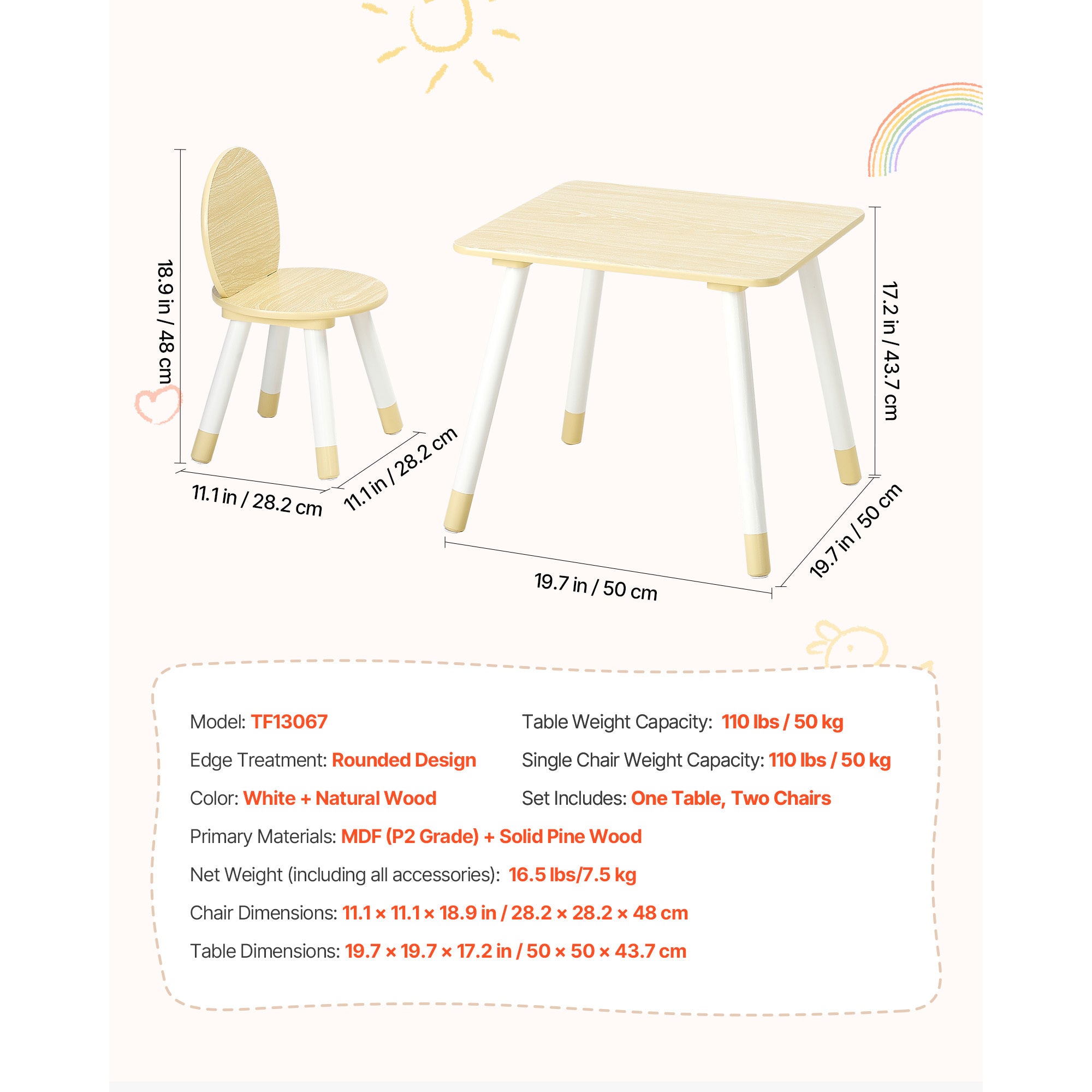 Kids Table and 2 Chairs Set, Toddler Table and Chair Set with Rounded Edge Design & Graffiti Desktop, Wooden Desk for Art, Cr