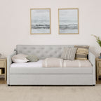 Beige Linen Upholstered Twin Daybed with Pop-up Trundle and USB Charging Armrest - Grand Goldman Shop
