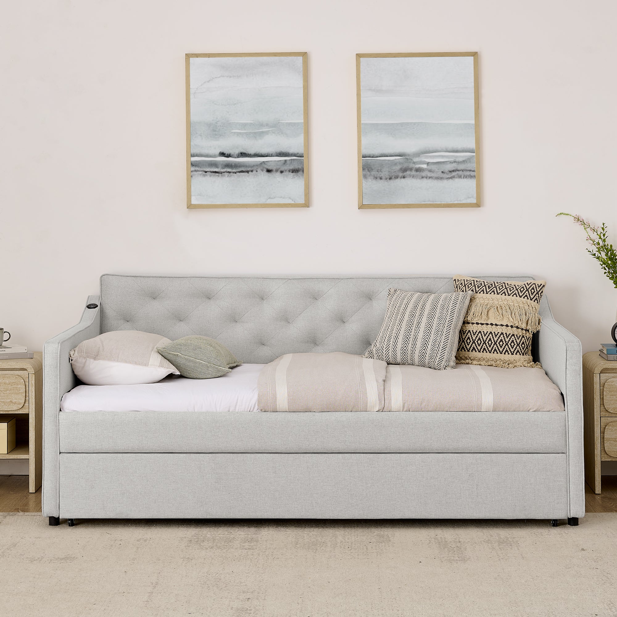 Beige Linen Upholstered Twin Daybed with Pop-up Trundle and USB Charging Armrest - Grand Goldman Shop