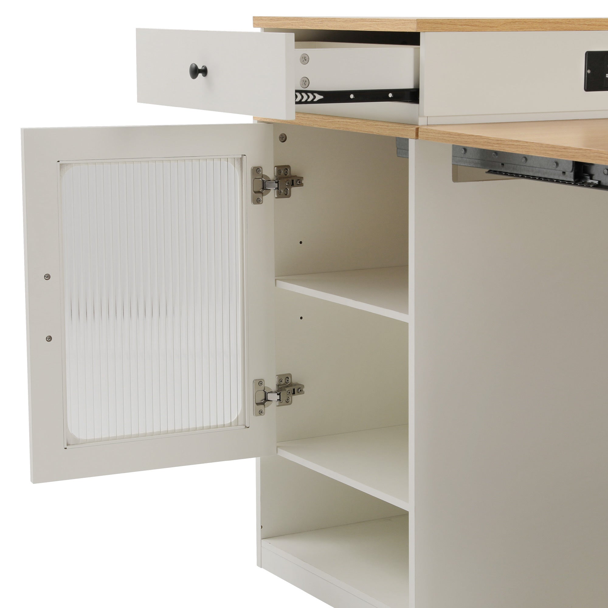 K&K 59.5' Kitchen Island with Extendable Dining Table, Kitchen Storage Table with Double-sided Storage, Kitchen Island with 2 Drawers, Power Outlet, Side Open Shelves, for Kitchen, Dining Room, White - Grand Goldman Shop