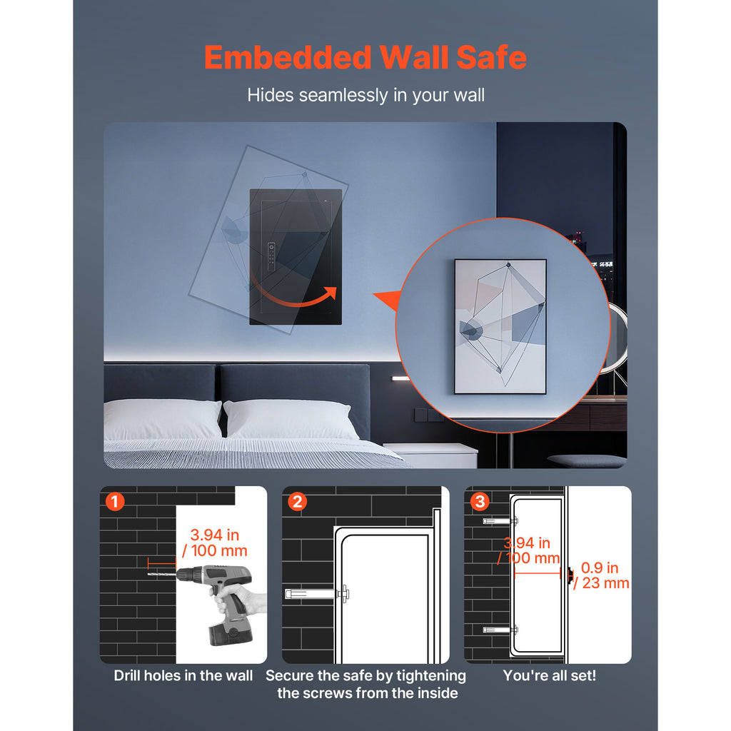 Wall Safe, 3-Tier Hidden Wall Safe with Fingerprint, Password, Key & Turning Knob, Q235 Cold-Rolled Steel In-Wall Box with Ad