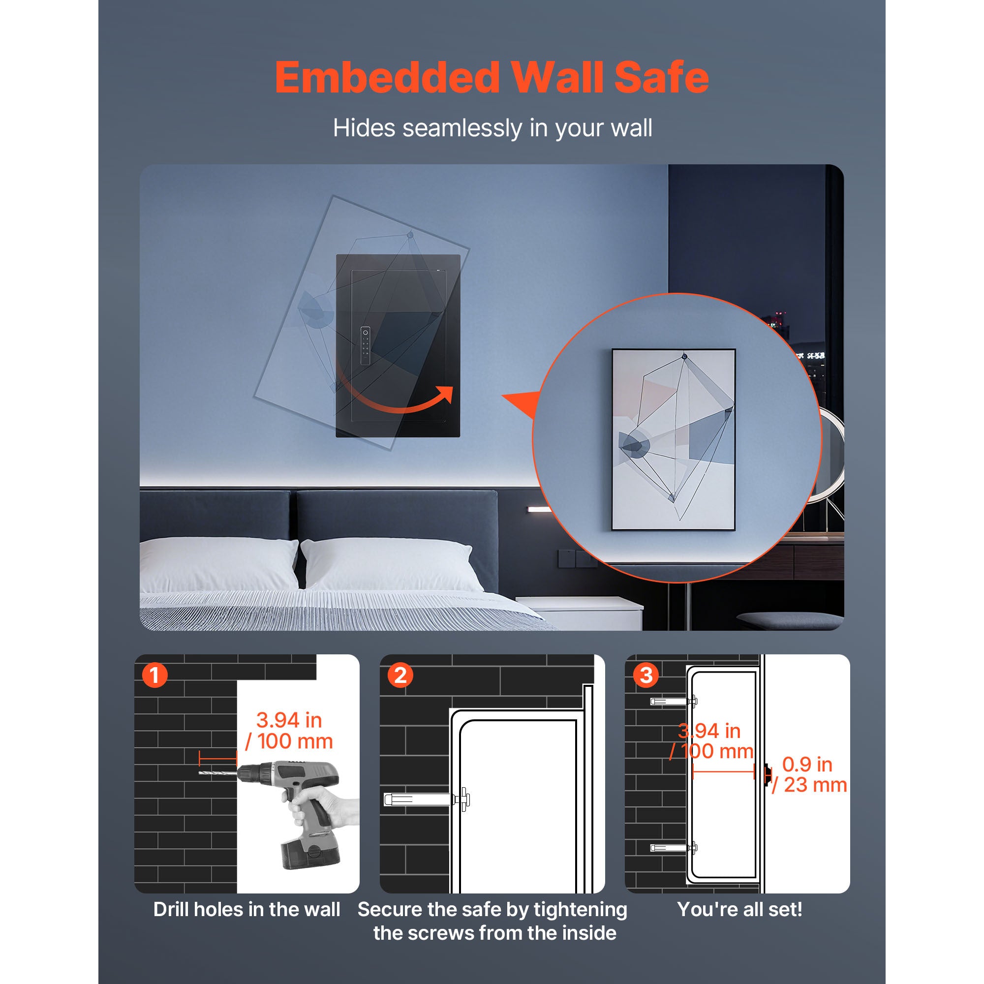 Wall Safe, 3-Tier Hidden Wall Safe with Fingerprint, Password, Key & Turning Knob, Q235 Cold-Rolled Steel In-Wall Box with Ad