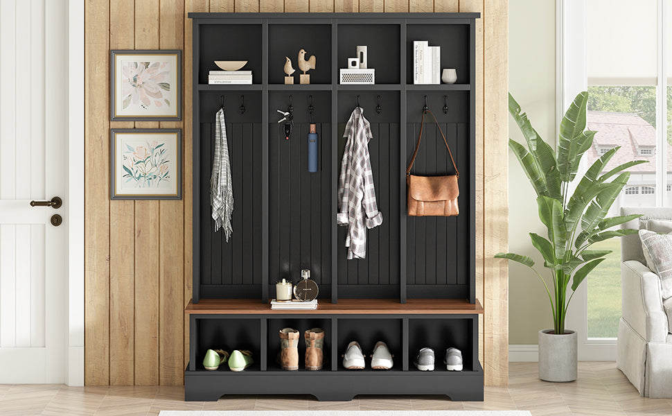 Farmhouse Hall Tree with 8 Hooks, Practical Entryway Bench with Open Compartments, 76.7'H Modern 3-in-1 Wooden Style Coat and Shoe Rack for Mudroom, Living Room, Black (OLD SKU: N721P292601B) - Grand Goldman Shop