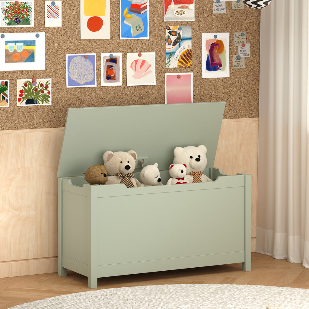 Kids Wooden Toy Box Storage with Safety Hinged Lid for Ages 2+ (Sage) - Grand Goldman