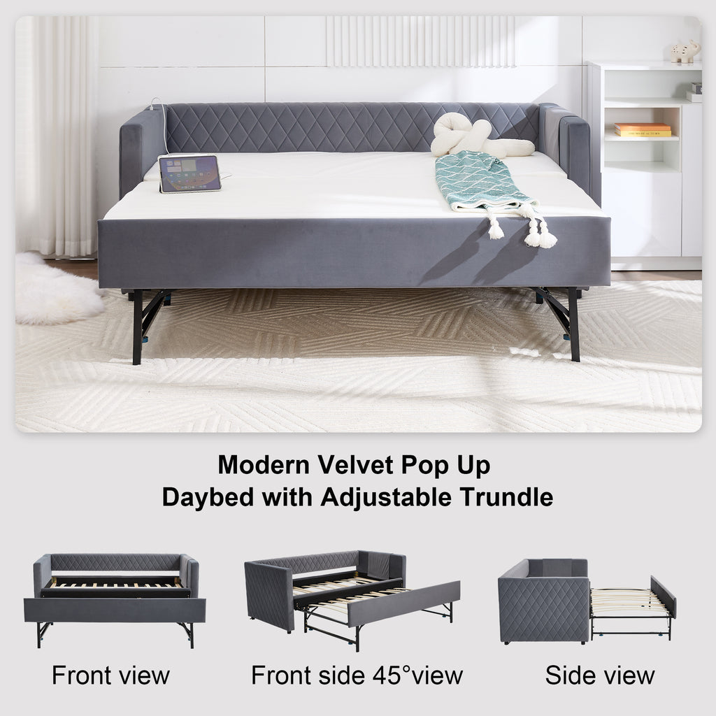 Grey velvet daybed, sturdy wooden bed frame, modern diamond grid pull-out design, perfect for bedroom, living room furniture - Grand Goldman Shop