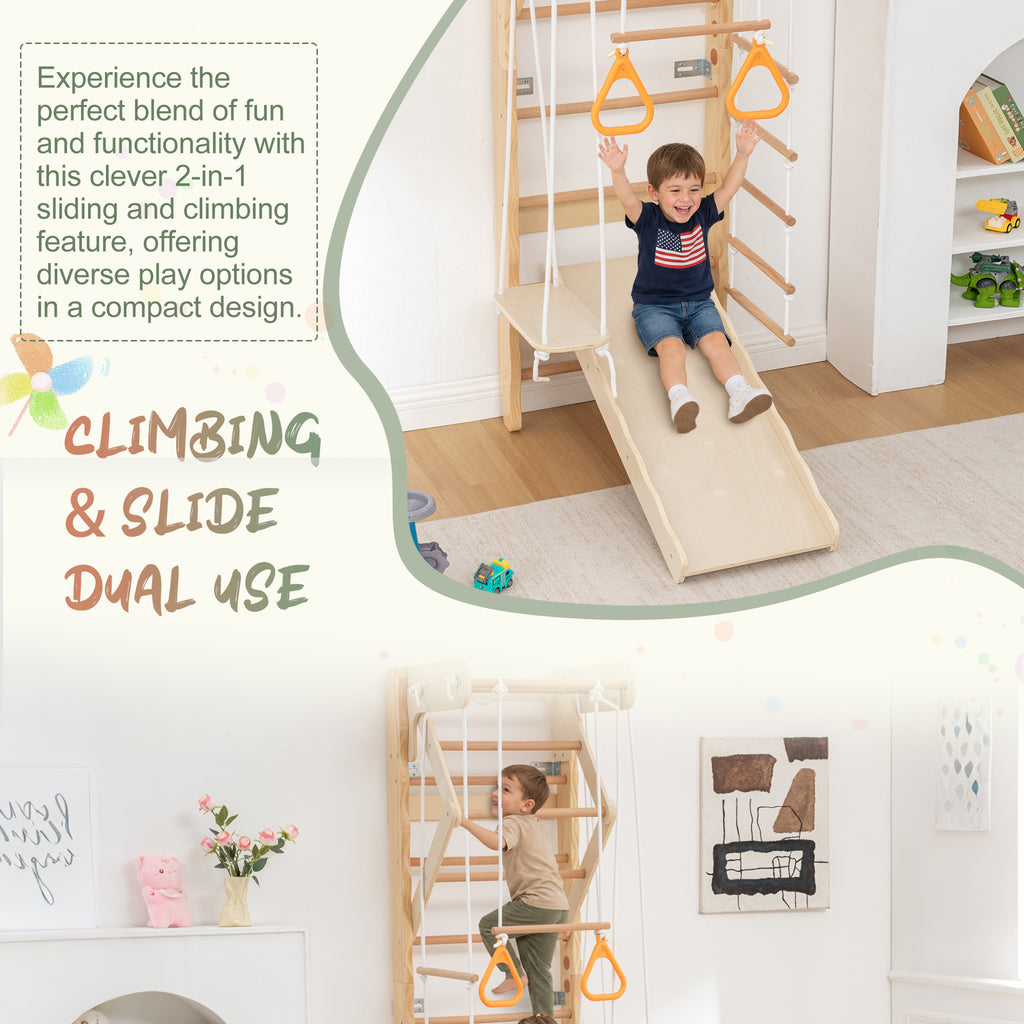 6-in-1 Swedish Ladder Wall Gym, Indoor Kids Playground with Swing, Rope Ladder, Pull-Up Bar, Slide, Gymnastic Rings, Wooden W