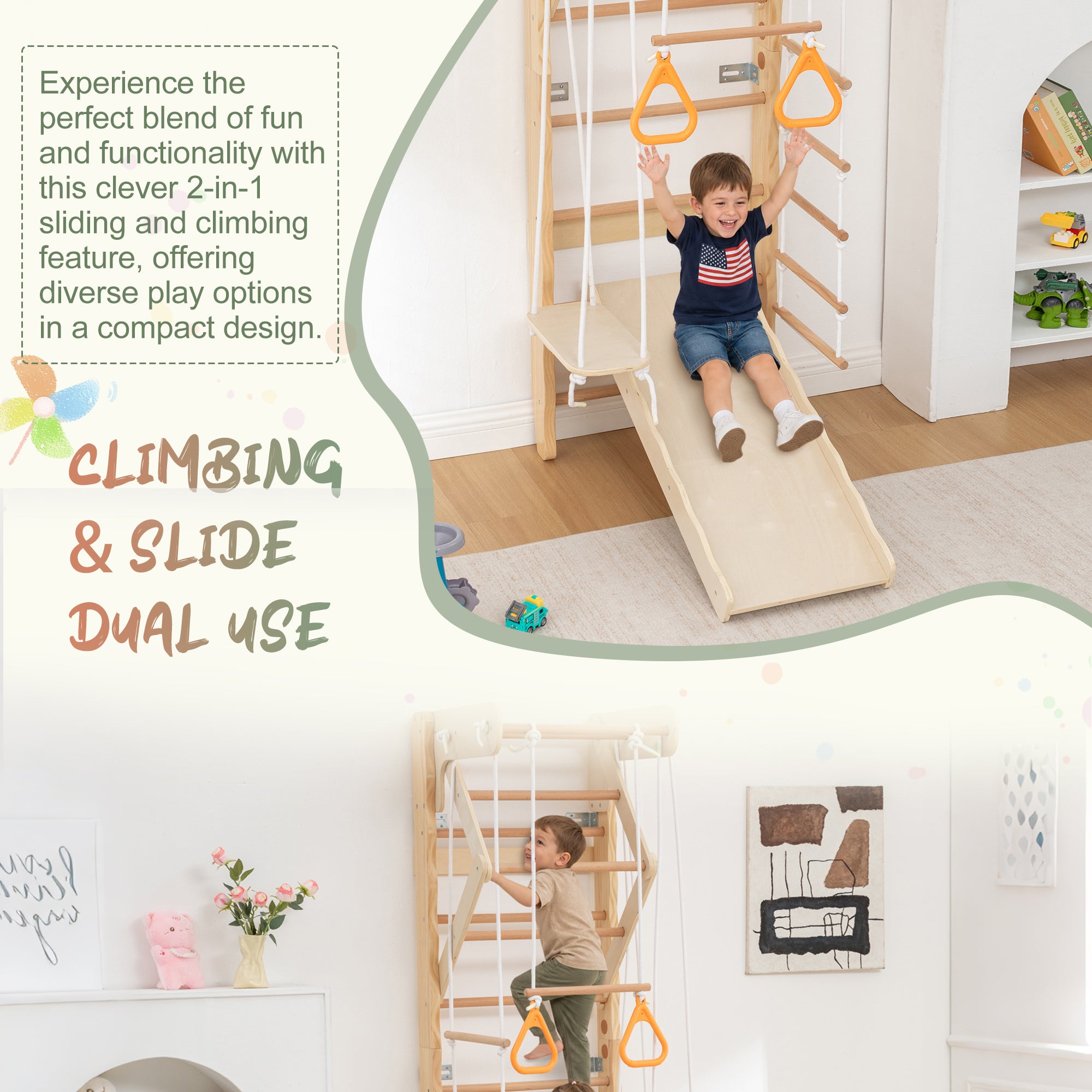 6-in-1 Swedish Ladder Wall Gym, Indoor Kids Playground with Swing, Rope Ladder, Pull-Up Bar, Slide, Gymnastic Rings, Wooden W