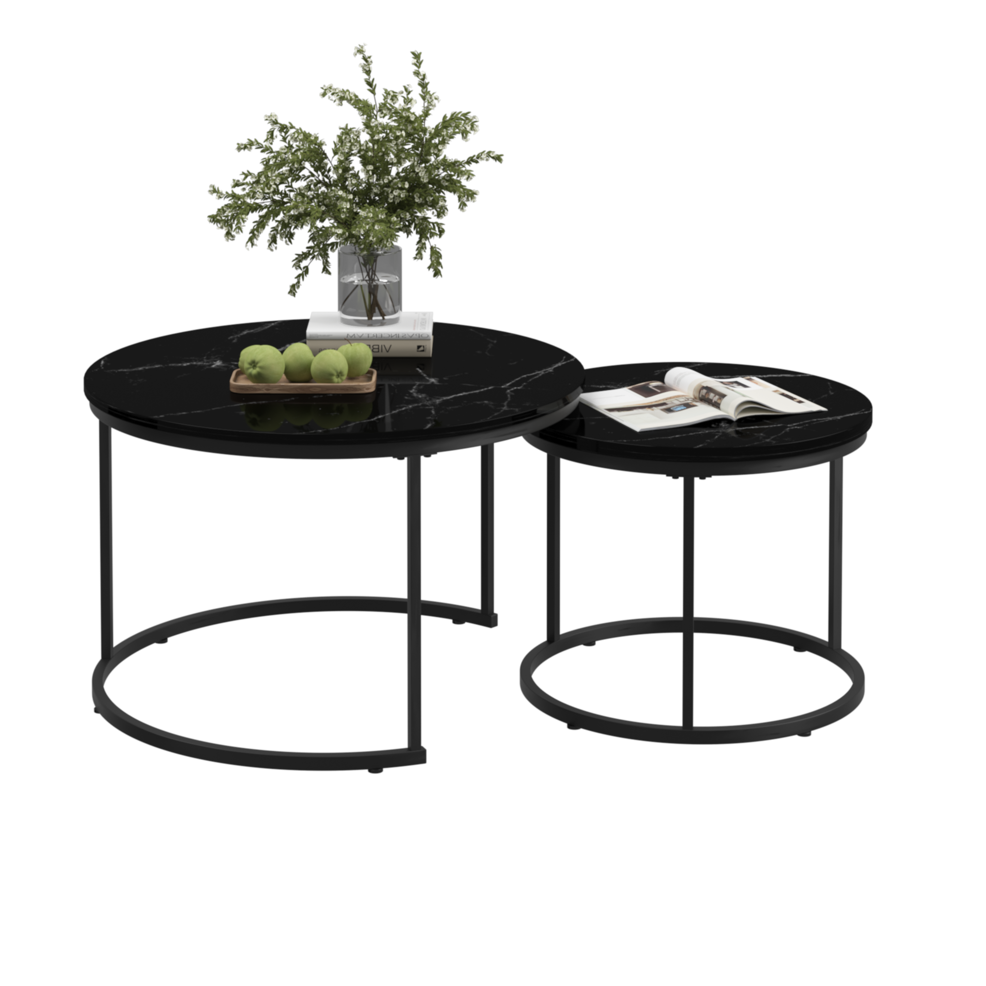 Nesting Coffee Table Set of 2, 27.6in Round Wood Marble Pattern Top with Sturdy Metal Frame, Black Living Room Side Tables for Bedroom Balcony Yard - Grand Goldman Shop