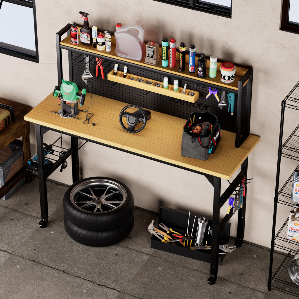 71''Adjustable Workbench with pegboard, Heavy Duty Wooden Desktop Workbench with Wheels, 1600 lb. Load Capacity, Rolling Work