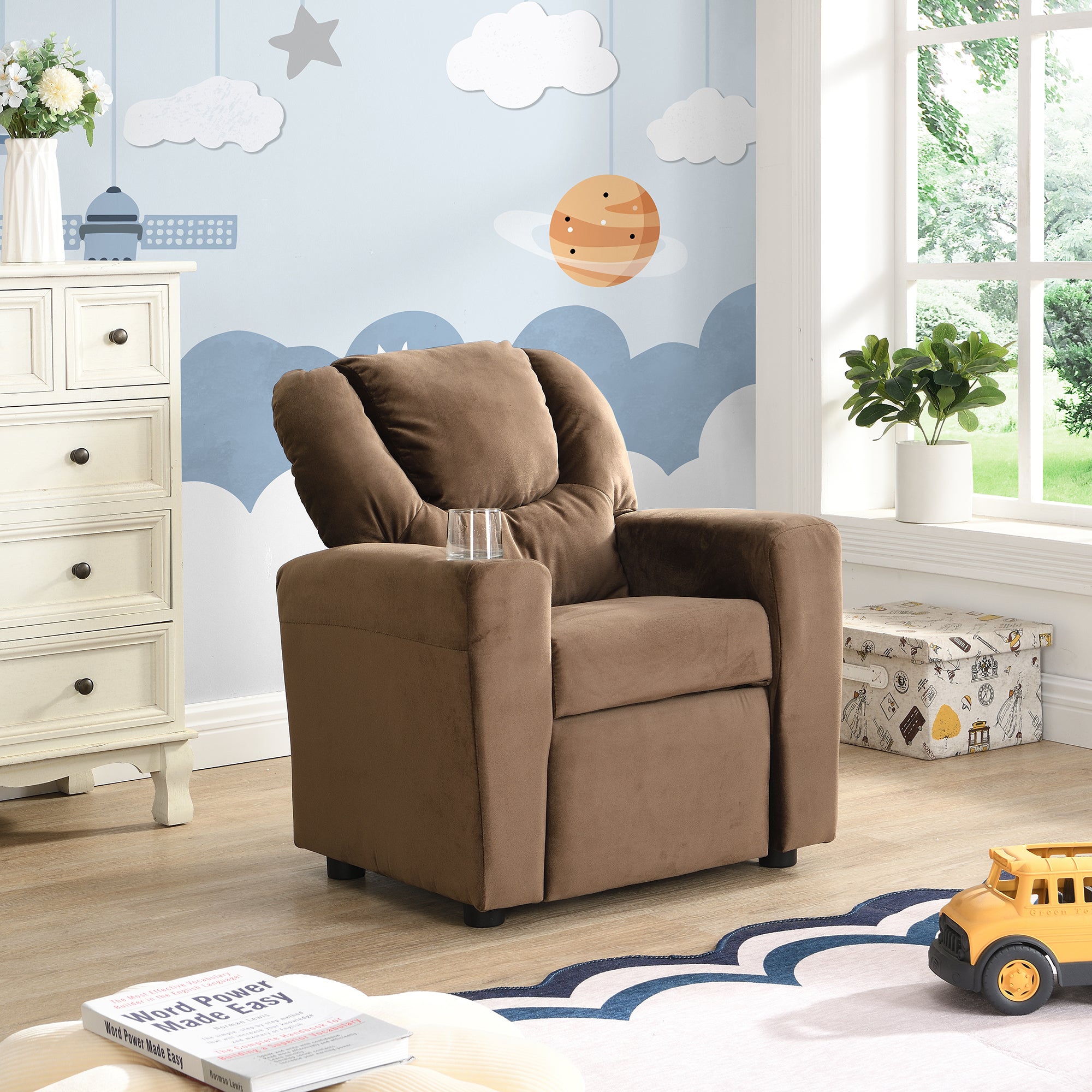 Sally Deluxe Kids Recliner Chair with Cup Holder and Footrest in Brown Velvet, 21.26 x 16.93 x 26.38 inches | Premium Home De