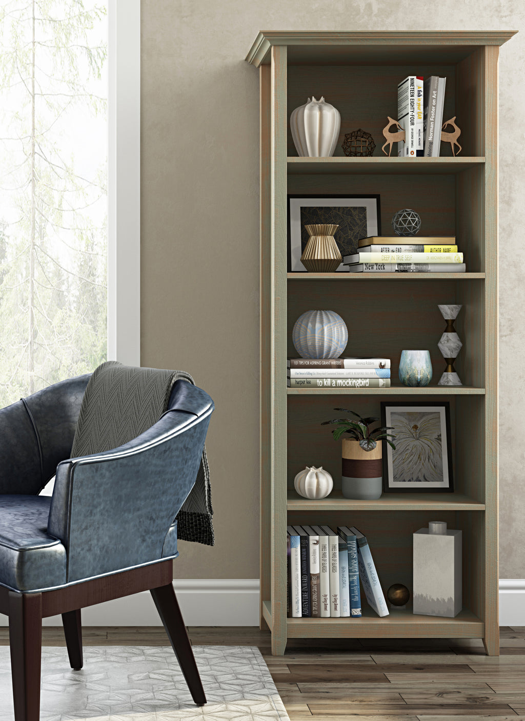 Amherst 30 inch Solid Wood 5 Shelf Bookcase in Distressed Grey