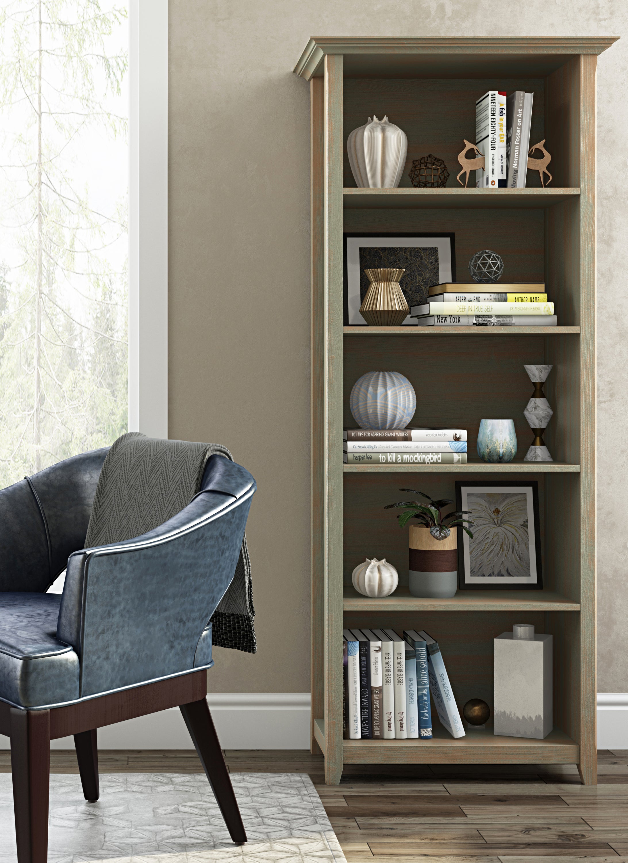 Amherst 30 inch Solid Wood 5 Shelf Bookcase in Distressed Grey