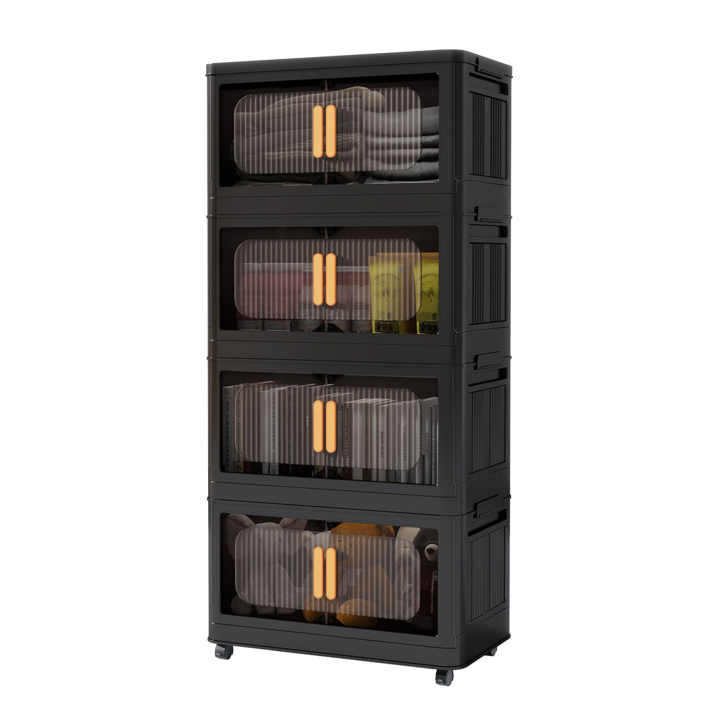 Black,20' Side Wide Folding Storage Cabinet ,4 Tiers,19.69'×11.81'×40.55',Collapsible Storage Bins with Magnetic Door, Plastic Storage Cabinet with Wheels - Grand Goldman Shop