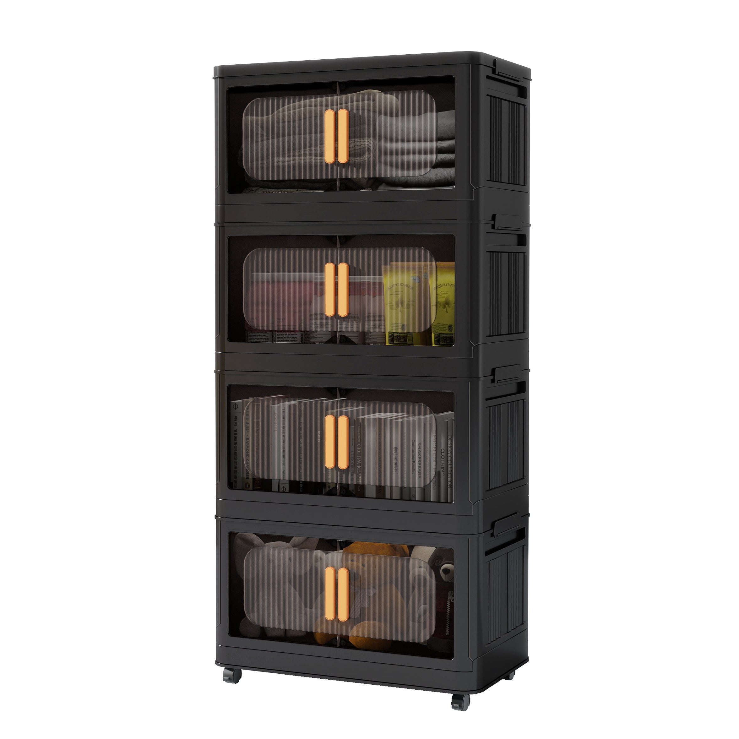 Black,20' Side Wide Folding Storage Cabinet ,4 Tiers,19.69'×11.81'×40.55',Collapsible Storage Bins with Magnetic Door, Plastic Storage Cabinet with Wheels - Grand Goldman Shop