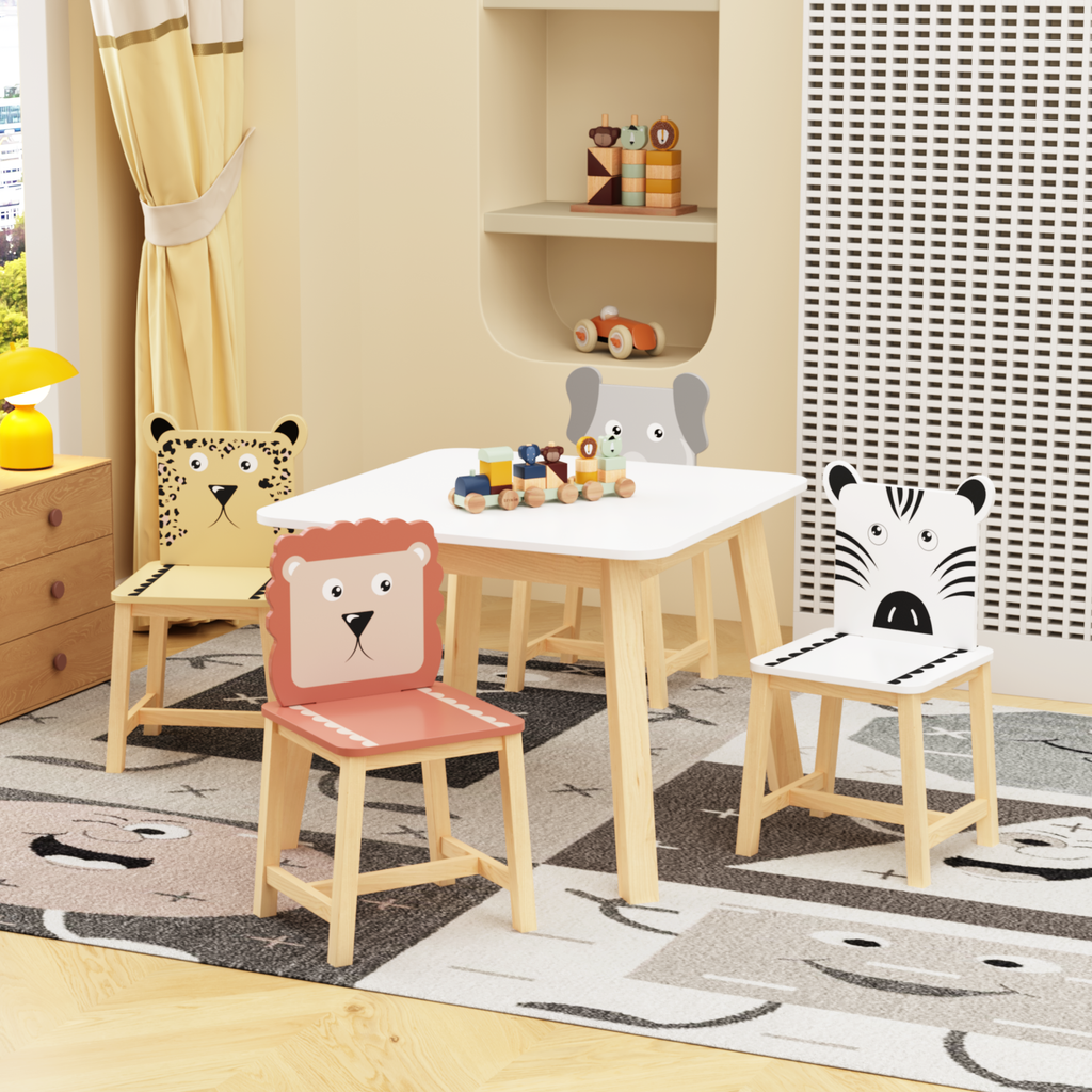 Kids Wood Table and Chair Set with Cartoon Animals Design, White Solid Wood & MDF Furniture for Ages 3-8, 5-Piece Table and C