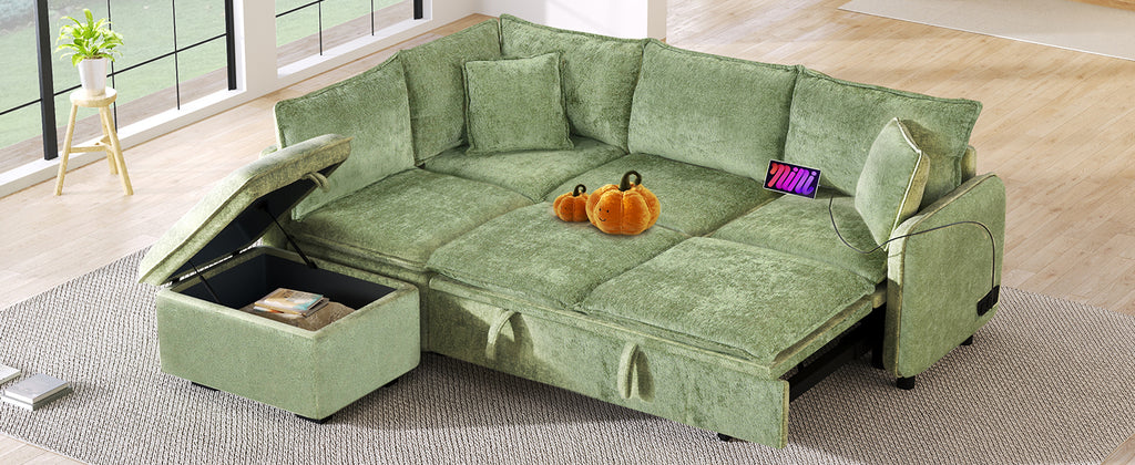 Convertible Sofa Bed Sectional Sofa Sleeper with Storage Ottoman, Green Chenille, 82.67 inches - Grand Goldman Shop