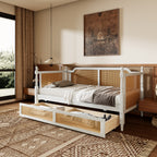 Traditional Style Rattan Twin Size Daybed with 2 Drawers, Antique White, Solid Pine Wood & MDF - Grand Goldman Shop