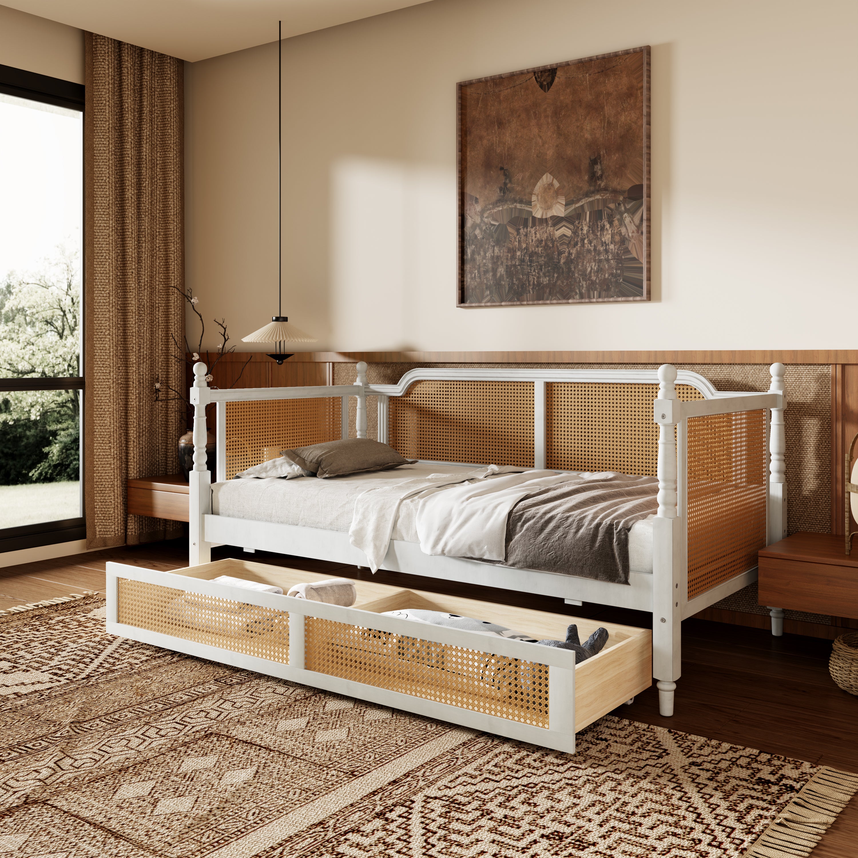 Traditional Style Rattan Twin Size Daybed with 2 Drawers, Antique White, Solid Pine Wood & MDF - Grand Goldman Shop