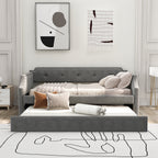 Gray Upholstered Daybed with Trundle, Twin, Wood Slat Support, Linen Fabric Frame Sofa Bed - Grand Goldman Shop