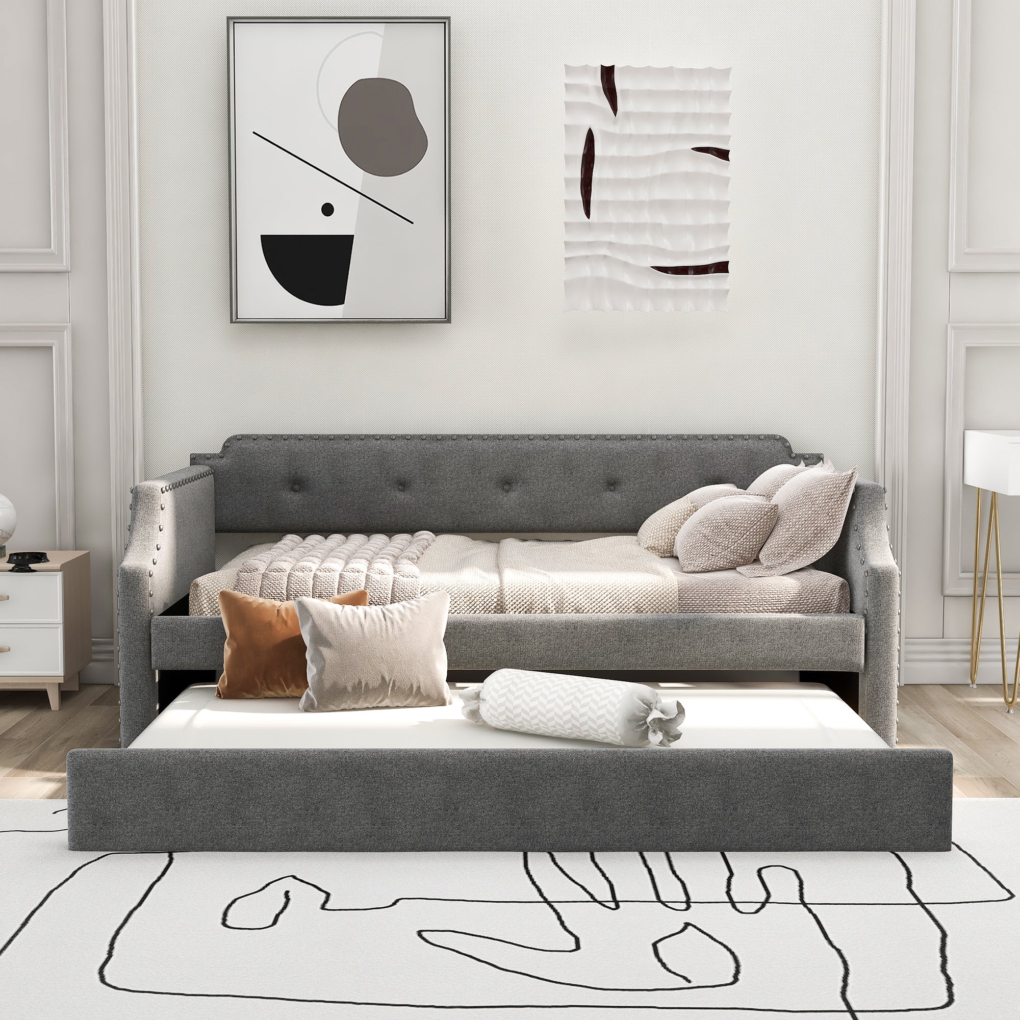 Gray Upholstered Daybed with Trundle, Twin, Wood Slat Support, Linen Fabric Frame Sofa Bed - Grand Goldman Shop