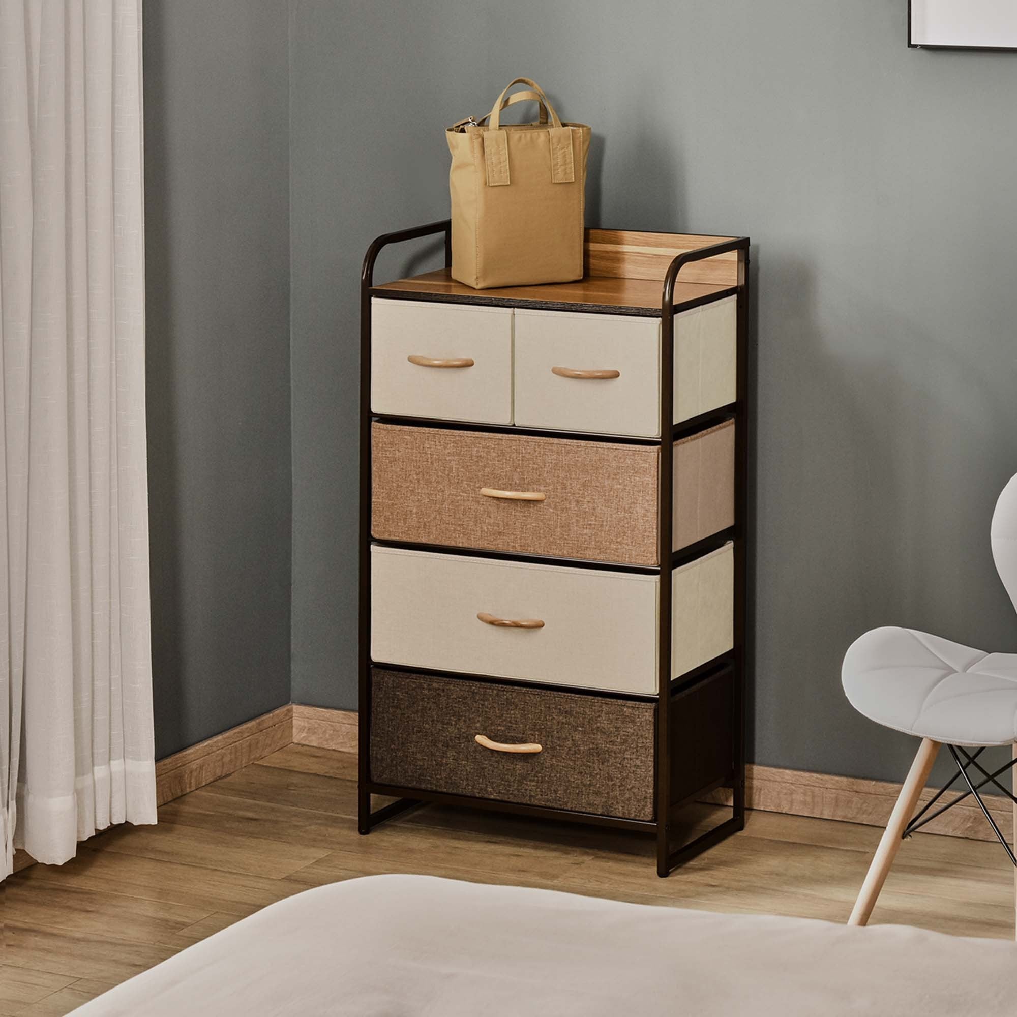 HOMCOM 5-Drawer Dresser, Fabric Drawers, 4-Tier Storage Organizer for Bedroom Entryway, Tower Unit with Steel Frame Wooden Top, Maple Wood - Grand Goldman Shop