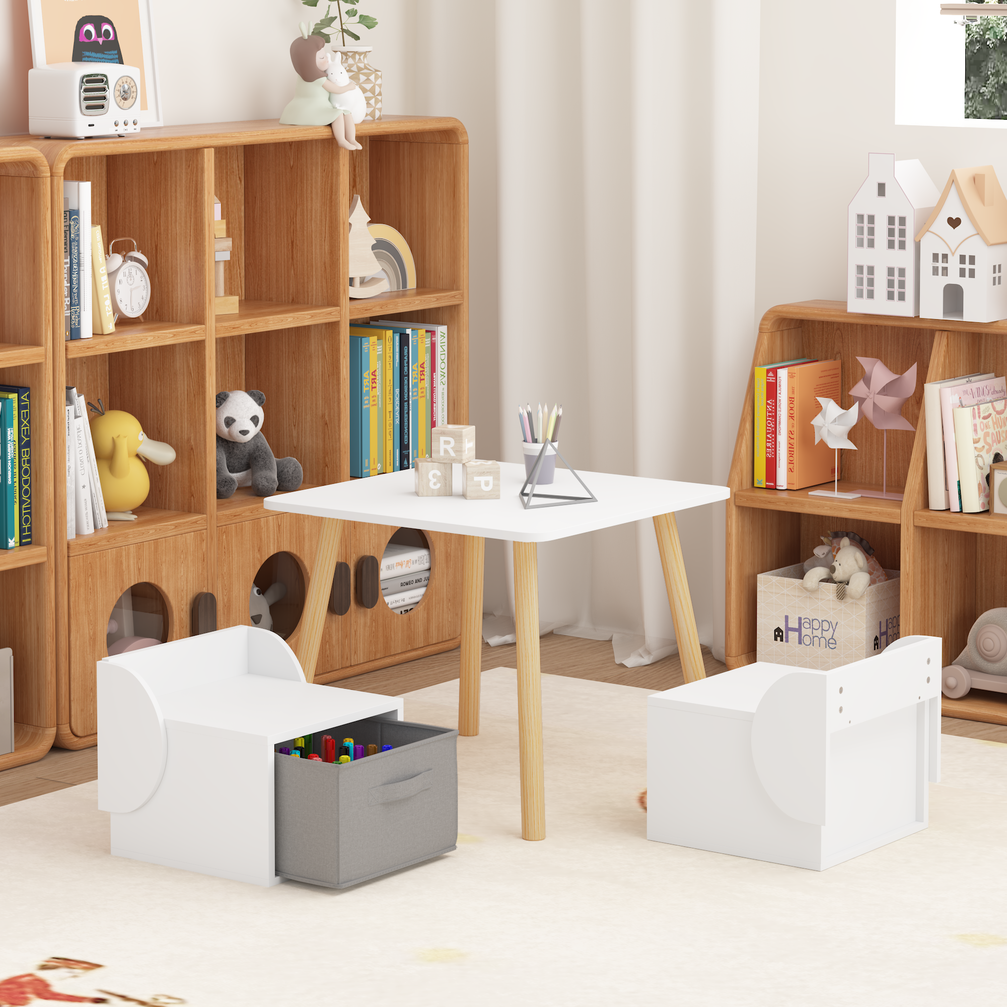 Kids Table and 2 Chair Set with Storage Bins, 3-Piece Toddler Activity Play Table for Arts & Crafts, Reading, Drawing, Wooden