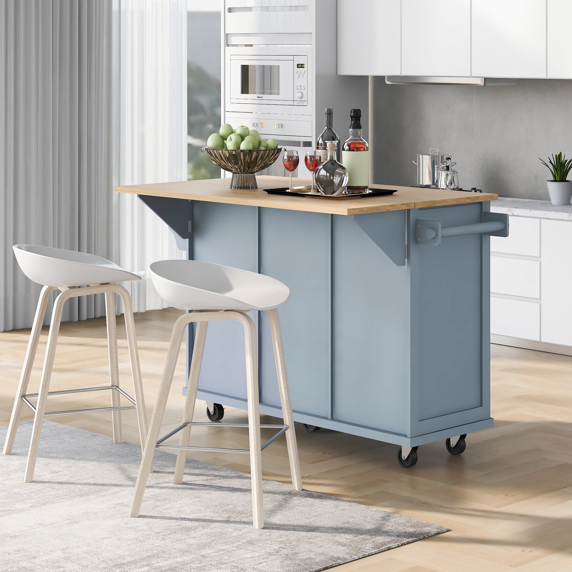 Kitchen Cart with Rubber wood Drop-Leaf Countertop ,Cabinet door internal storage racks,Kitchen Island on 5 Wheels with Storage Cabinet and 3 Drawers for Dinning Room, Grey Blue - Grand Goldman Shop