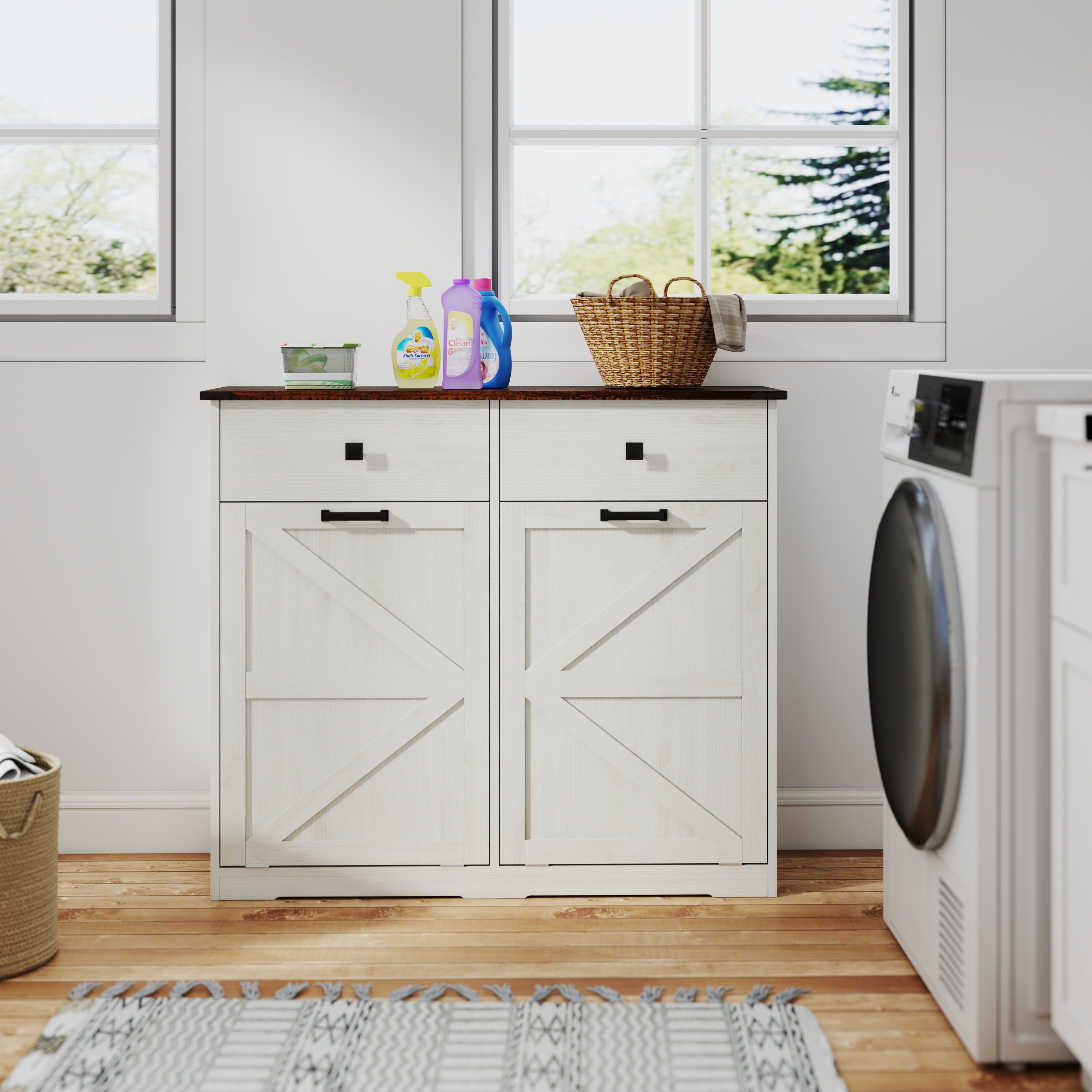 Farmhouse Barn Door Style Double Tilt Out Trash Cabinet for 20 Gallon Cans with Free Standing Recycling and Laundry Storage, Antique White & Brown Woodgrain - Grand Goldman Shop