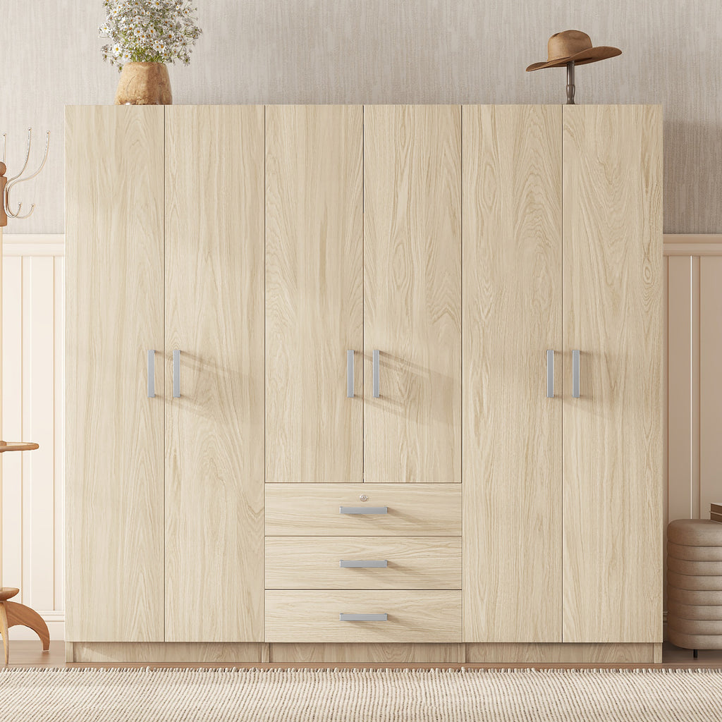 6-Doors Wooden Wardrobe Storage for Bedroom, with Big Drawers, Natural - Grand Goldman Shop
