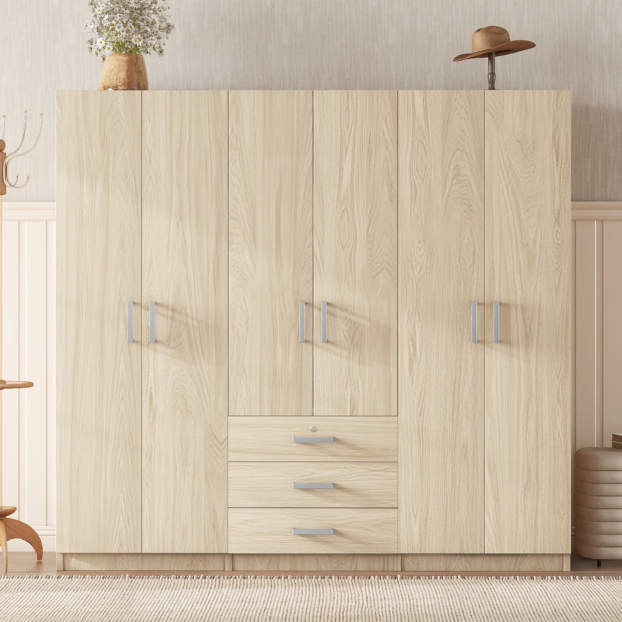 6-Doors Wooden Wardrobe Storage for Bedroom, with Big Drawers, Natural - Grand Goldman Shop