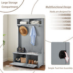 Modern Classic Hall Tree with Shoe Rack Bench and Coat Hooks for Hanging Storage, Entryway Bench with Open Shelves and Shoe Cabinets 40.16'W*18.58'D*64.17'H GRAY - Grand Goldman Shop