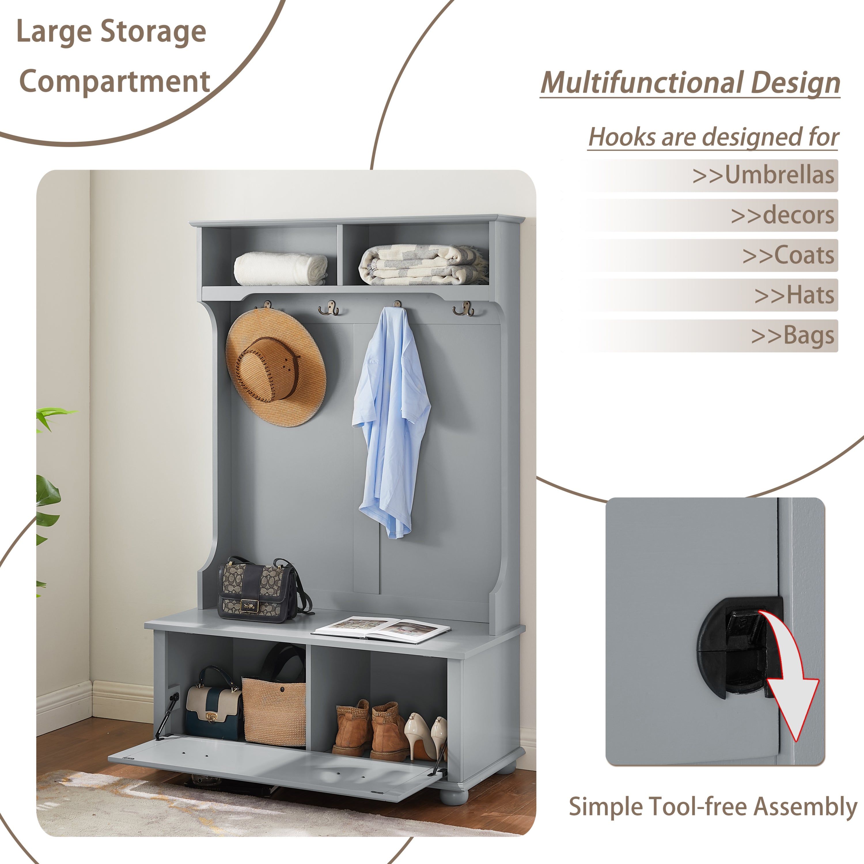 Modern Classic Hall Tree with Shoe Rack Bench and Coat Hooks for Hanging Storage, Entryway Bench with Open Shelves and Shoe Cabinets 40.16'W*18.58'D*64.17'H GRAY - Grand Goldman Shop