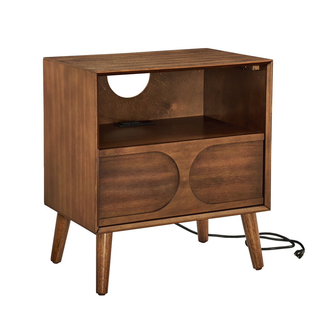 Mid Century Modern Fluted Nightstand with Charging Station USB Ports & Outlet Hole & 4 Solid Wood Legs, Farmhouse End Table with Open Space and Drawer Dresser, Walnut - Grand Goldman Shop