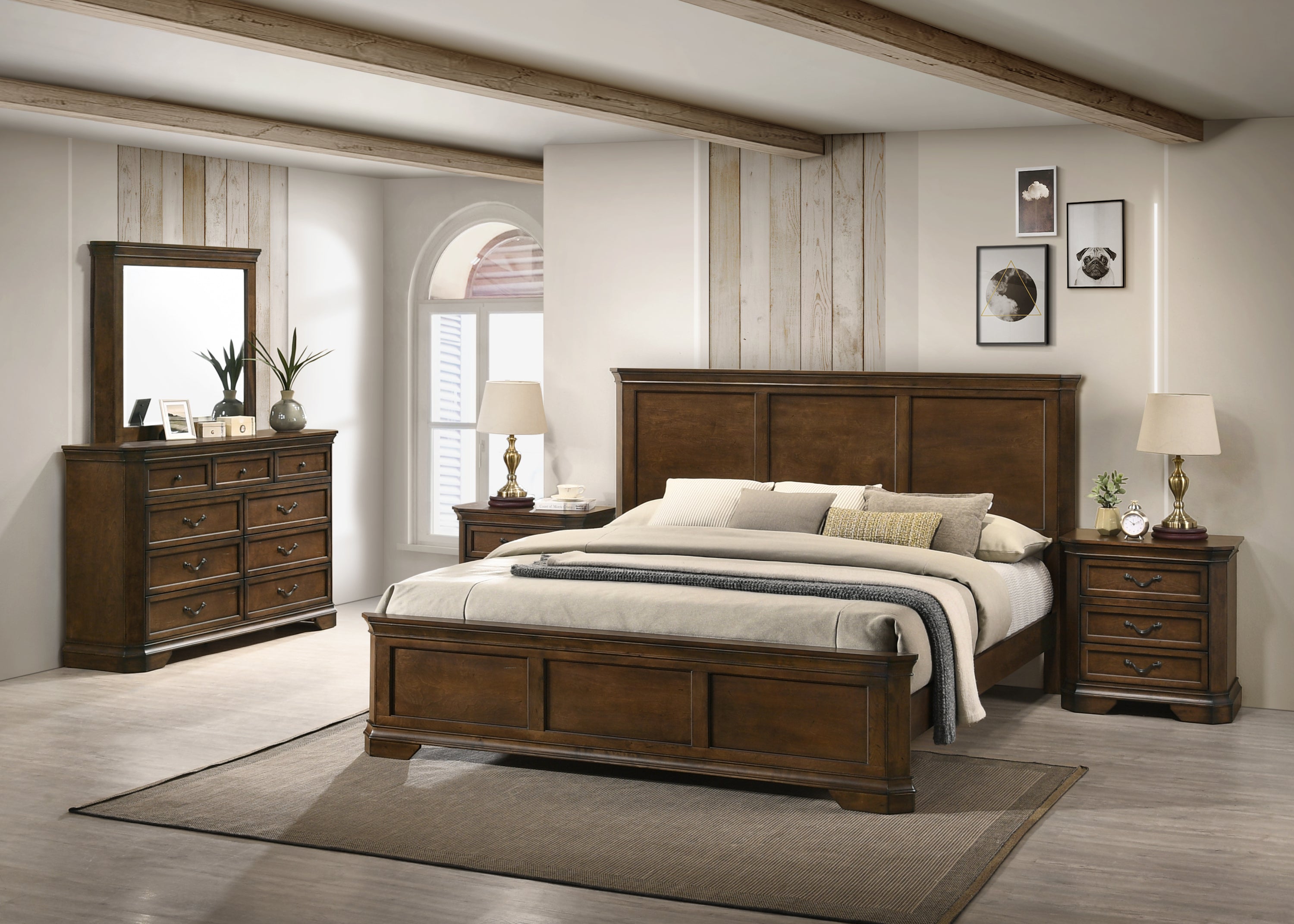 Maderne Traditional Wood Panel Bed with Dresser, Mirror, Two Nightstands, King size - Grand Goldman Shop