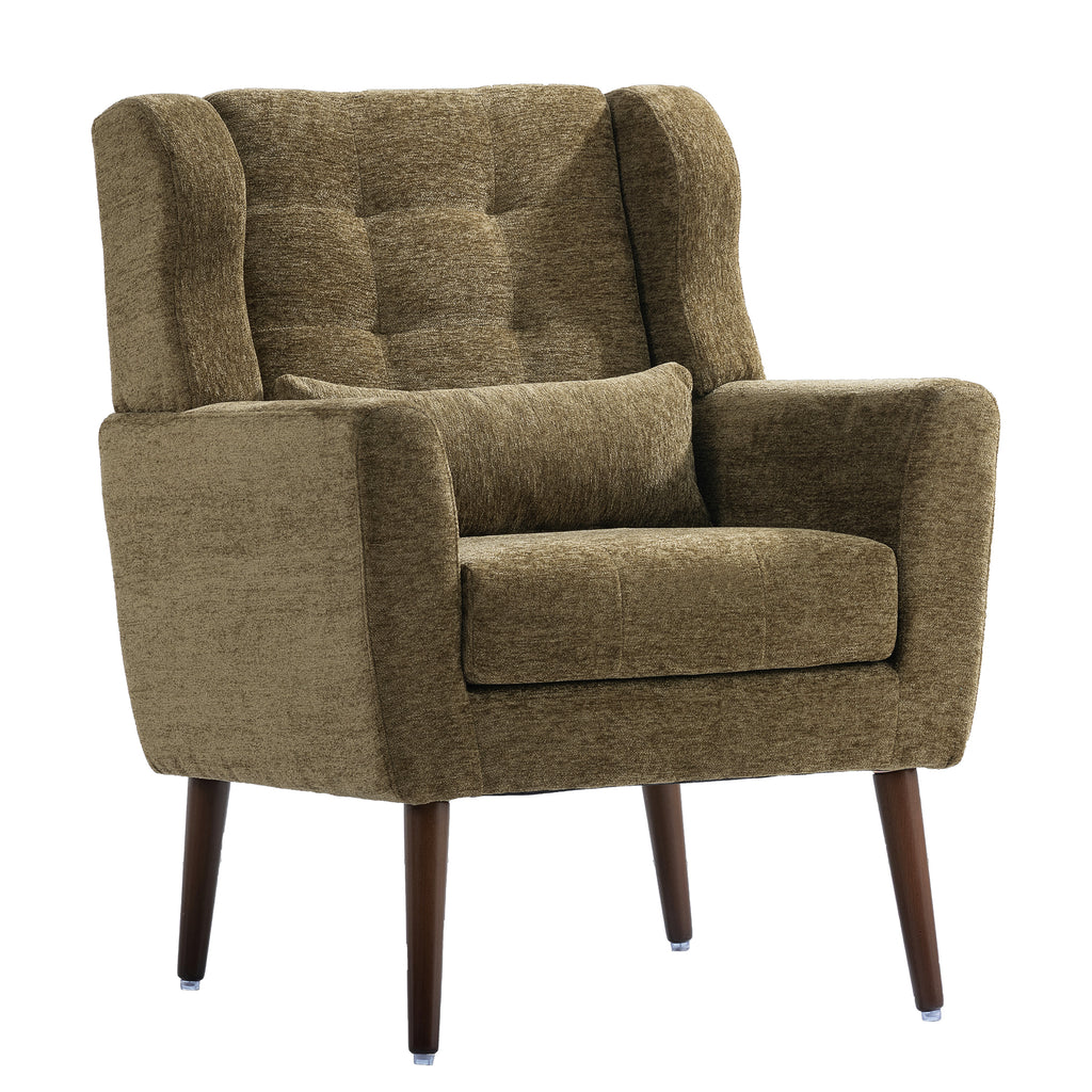 Modern Accent Chair, Chenille Arm Chairs for Living Room, Upholstered Modern Armchair, Comfy Soft Padded Lounge Chair in Small Space, Bedroom, w/Pillow, Solid Wood Leg, Olive Green - Grand Goldman Shop