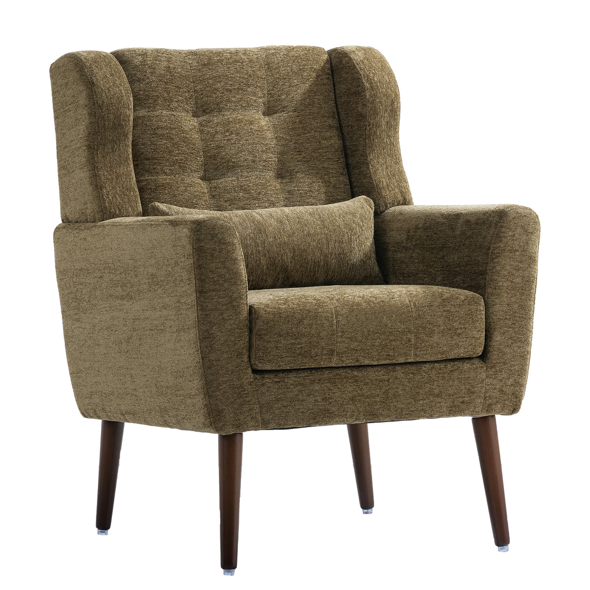 Modern Accent Chair, Chenille Arm Chairs for Living Room, Upholstered Modern Armchair, Comfy Soft Padded Lounge Chair in Small Space, Bedroom, w/Pillow, Solid Wood Leg, Olive Green - Grand Goldman Shop