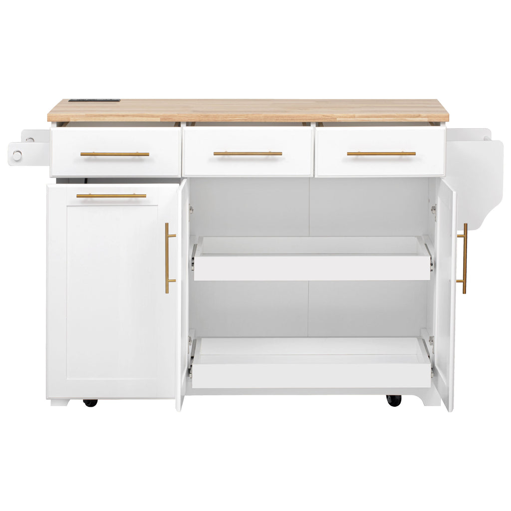 K&K 59.3' Kitchen Island with Storage 2 Pull Out Cabinet Organizers & Rubber Wood Drop Leaf, Rolling Kitchen Island with Trash Can Storage, Power Outlet, Spice & Towel Rack for Kitchen, Dining, White - Grand Goldman Shop