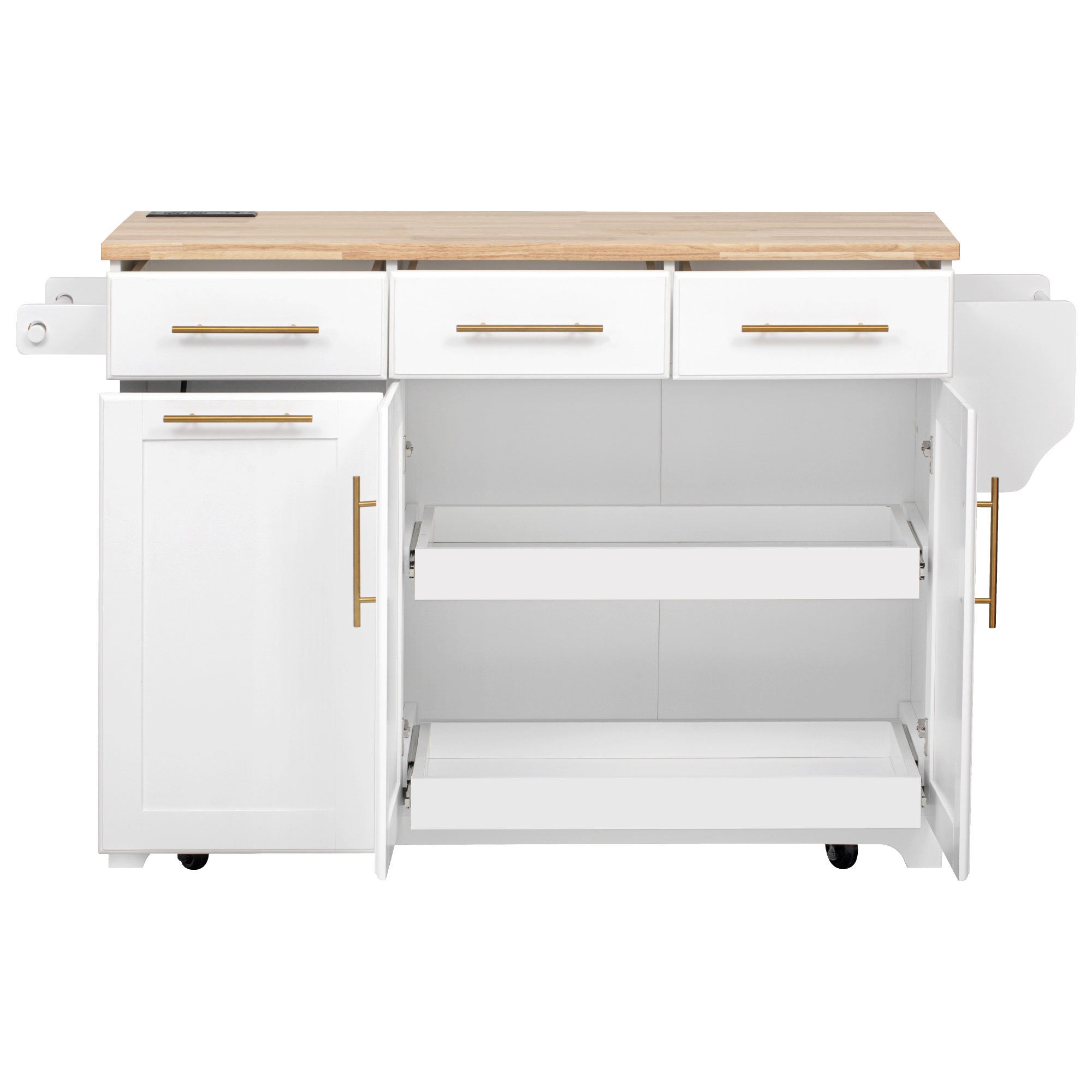 K&K 59.3' Kitchen Island with Storage 2 Pull Out Cabinet Organizers & Rubber Wood Drop Leaf, Rolling Kitchen Island with Trash Can Storage, Power Outlet, Spice & Towel Rack for Kitchen, Dining, White - Grand Goldman Shop