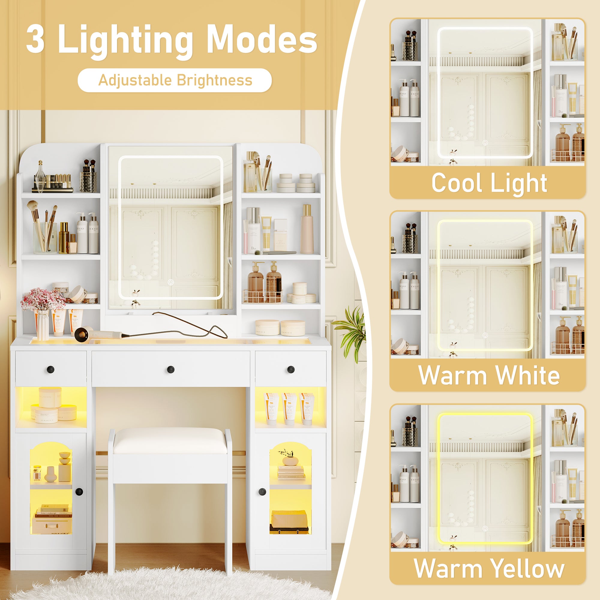 43.2' Vanity Desk with LED Mirror and Lights, Glass Top Vanity with RGB Glass Light Cabinets, Dressing Table with 3 Drawers ,Storage Shelves and Stool for Bedroom, White - Grand Goldman Shop