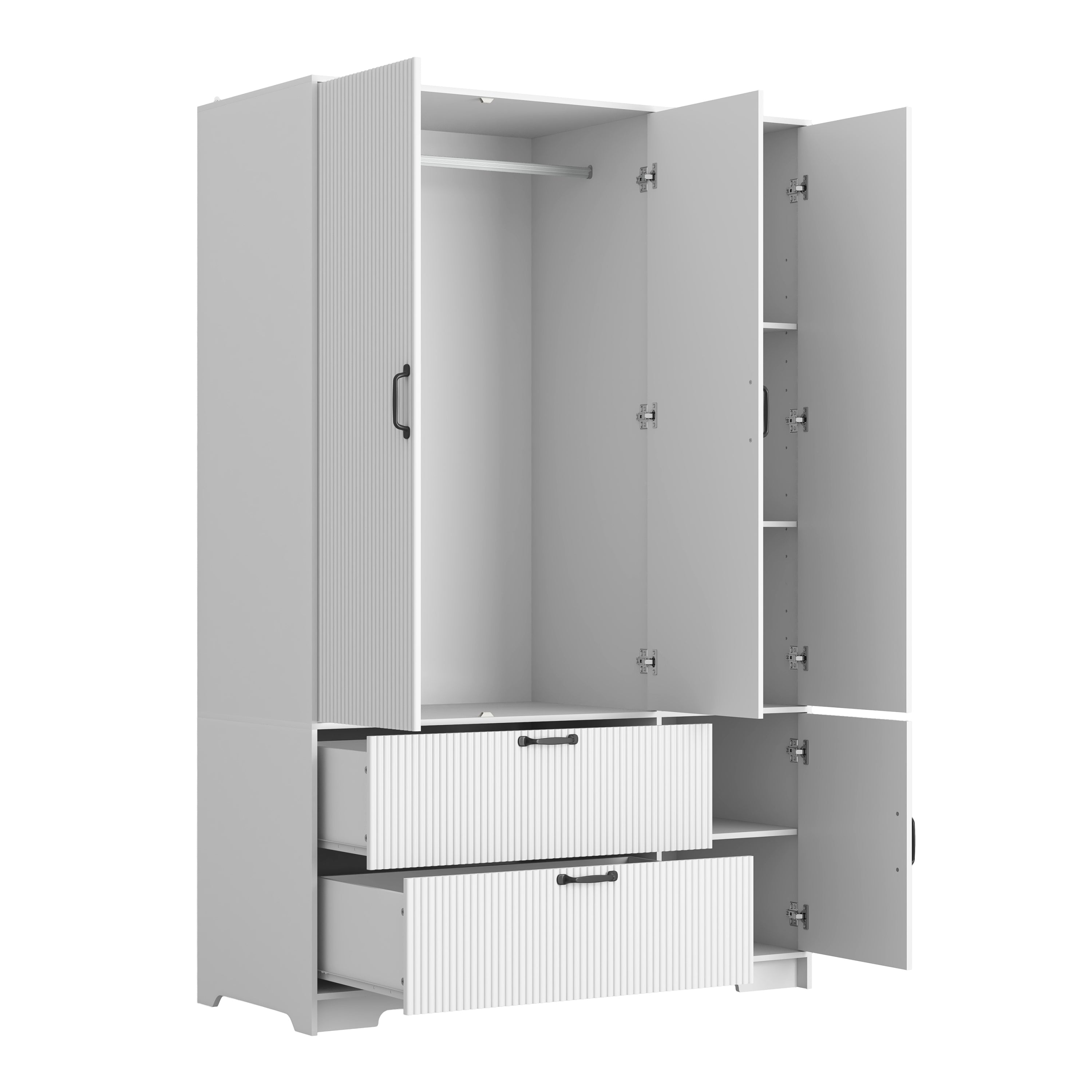 4 Doors Wardrobe Closet with Mirror, LED Wardrobe with Doors and 2 Drawers, Wooden Wardrobe Storage Cabinet with Hanging Rod, Adjustable Shelves, White - Grand Goldman Shop