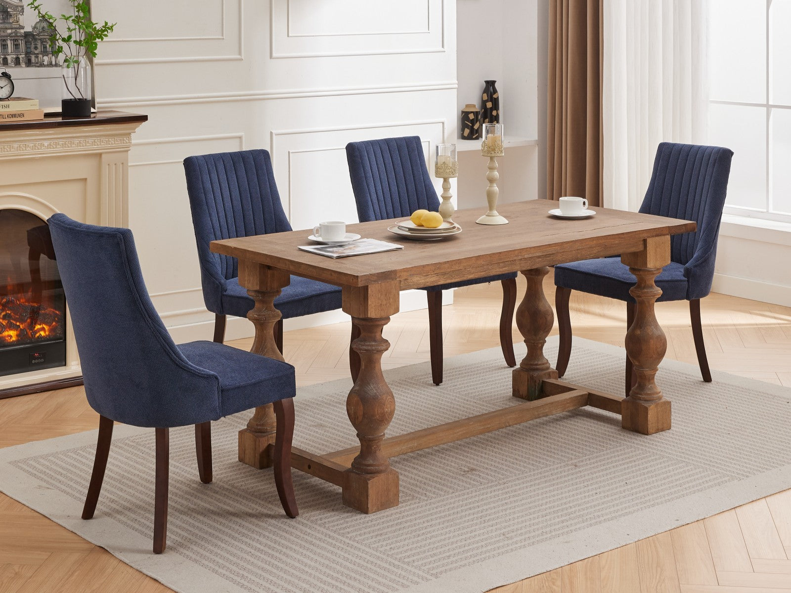 Rayon Cloth Flocking Linen Dining Chairs Channel Kitchen Dinner Chair Comfy Fabric Upholstered Accent Chair for Dining Room with Curved Solid Wood Legs,Set of 2 (Blue), SW1847BL - Grand Goldman Shop