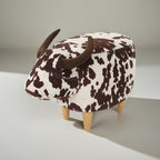 Cow-Shaped Modern Ottoman Footstool in Brown and White Fabric with Velvet Horns, Birch Legs, 25.25 x 14.00 x 16.75 inches - Grand Goldman Shop