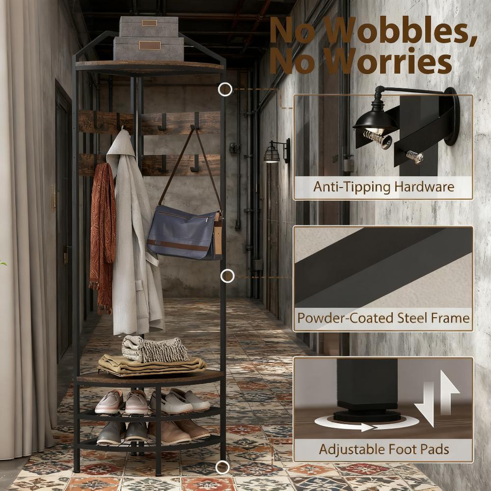 Coat Rack Corner Hall Tree, Industrial 4-Tier Coat Rack with Shoe Storage, 8 Movable Hooks and 2 Shelves - Grand Goldman Shop