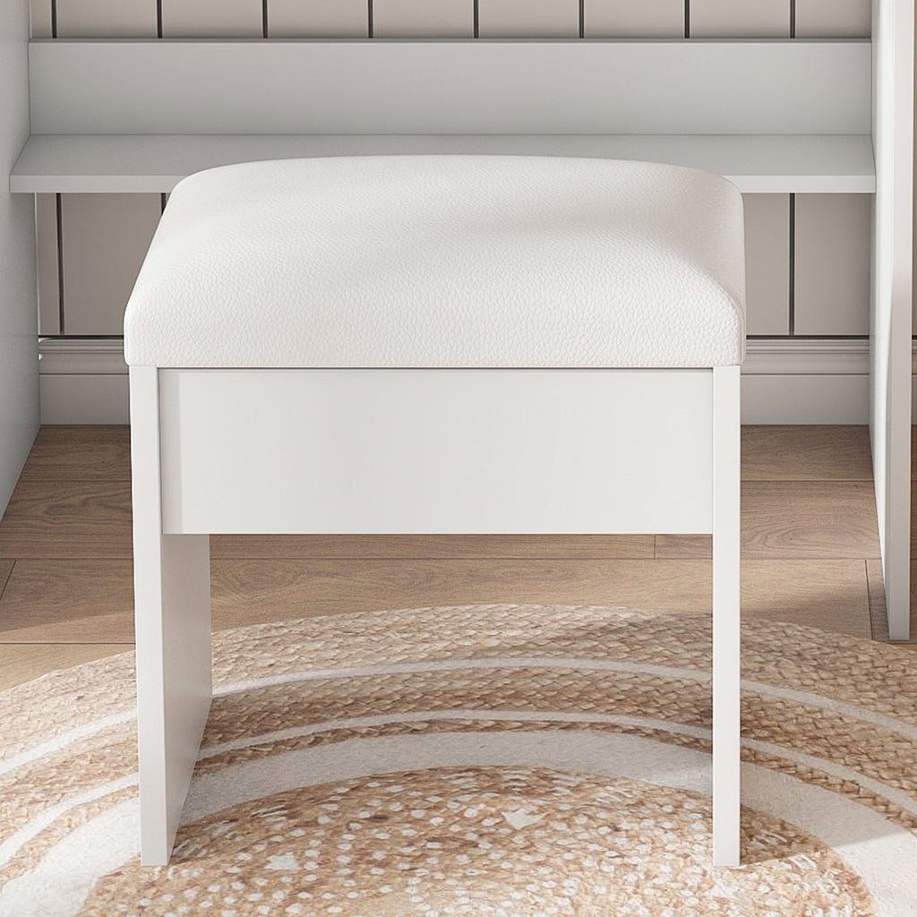 White Vanity Table with Mirror, Adjustable LED Lights, Power Outlet, Hairdryer Holder & Stool – Compact Dressing Desk for Small Bedrooms - Grand Goldman Shop