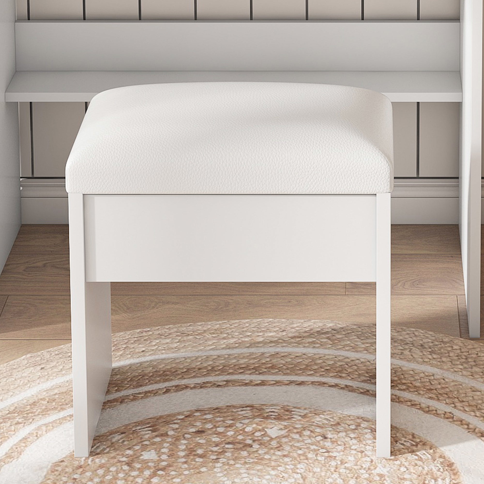 White Vanity Table with Mirror, Adjustable LED Lights, Power Outlet, Hairdryer Holder & Stool – Compact Dressing Desk for Small Bedrooms - Grand Goldman Shop