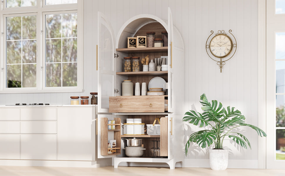K&K 71' Tall Arched Kitchen Pantry Cabinet with Door Shelves, Farmhouse Kitchen Storage Cabinet with Open & Adjustable Shelves, Hidden Drawer & Glass Door, Cupboard for Kitchen, Dining Room, White - Grand Goldman Shop